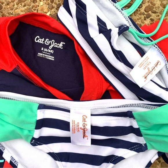 Cat & Jack Red White Blue Bikini & Rashguard Swim Set 6/6x - Picture 6 of 6